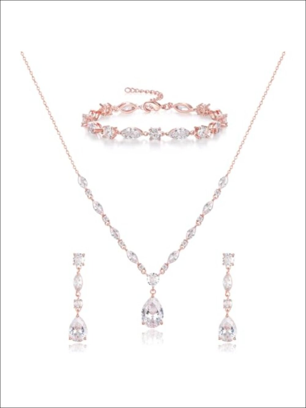 Teardrop Cubic Zirconia Sparkly CZ Bridal Jewelry Set Necklace Earrings Bracelet